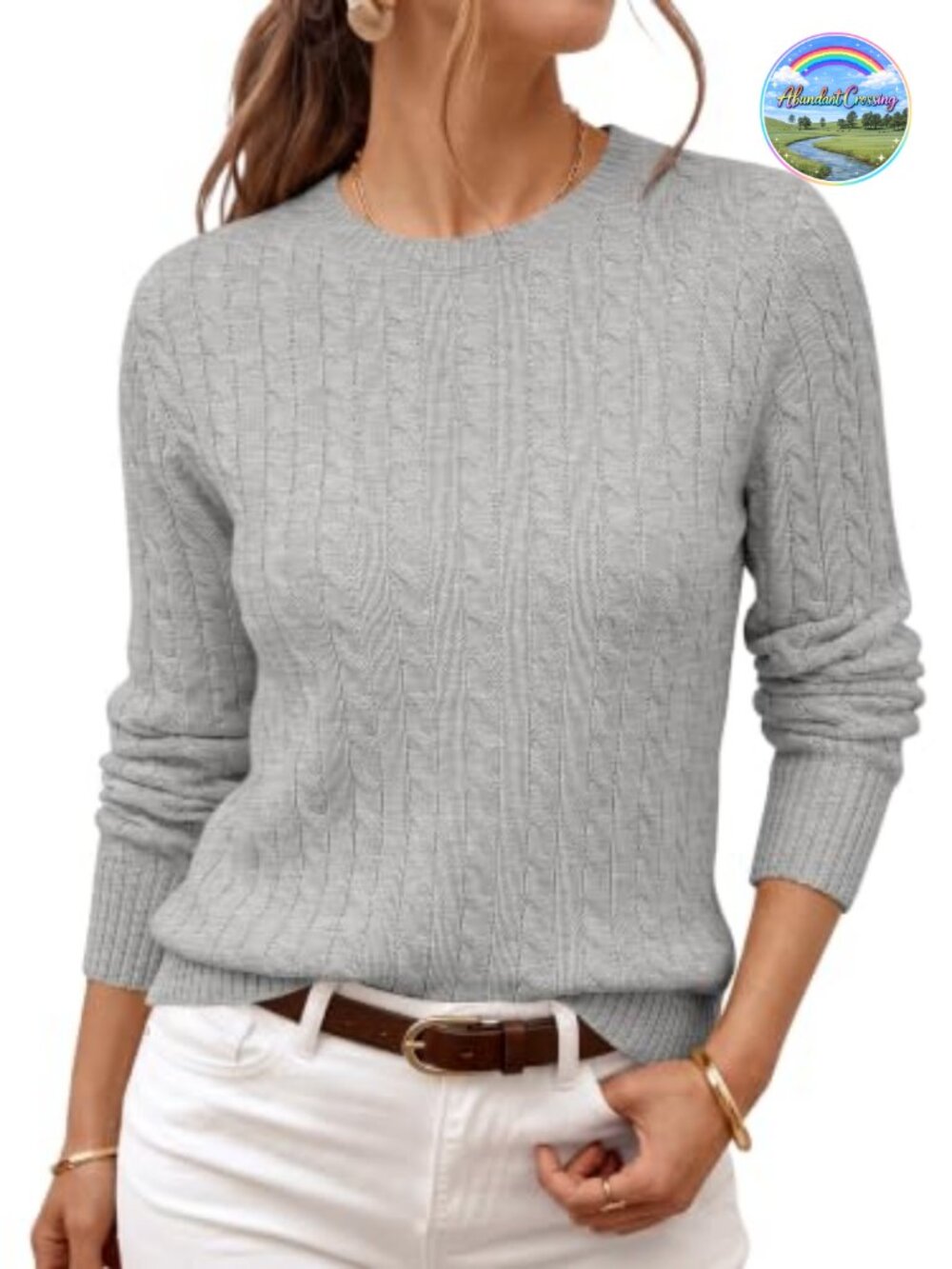 Women's Lightweight Cable Knit Crewneck Pullover Sweater Long Sleeve